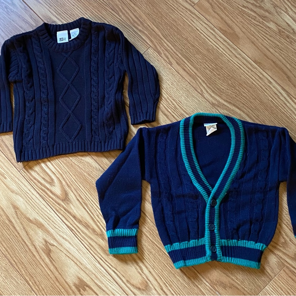 LAST CHANCE……Navy with green Boys Cardigan Sweater plus Navy Pullover Sweater